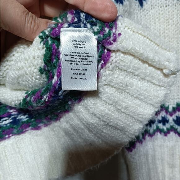Talbots Sweater XS Cream Yellow Purple Nordic Fair Isle Crew Neck Wool Blend - Picture 7 of 9